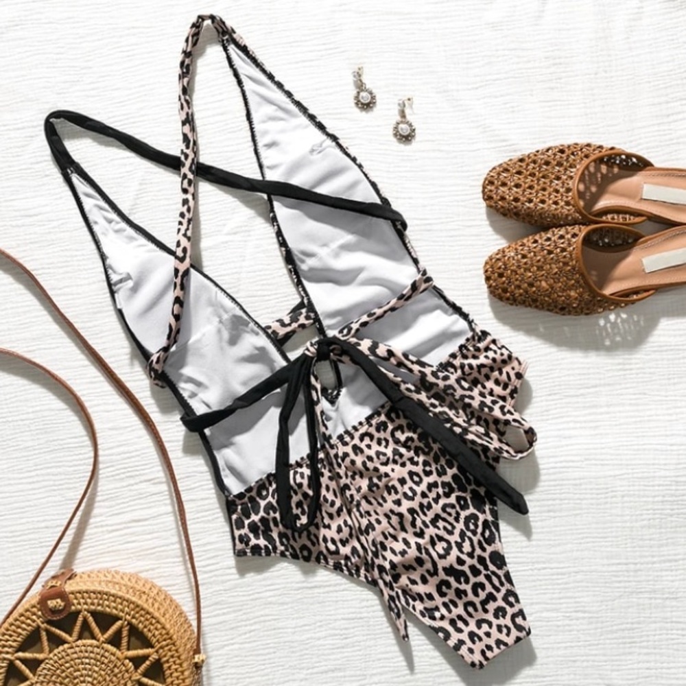 Leopard Deep Plunge Sexy Wrap One Piece Swimsuit - Picture 8 of 8